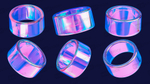 Set of vibrant holographic glass rings and cylinders
