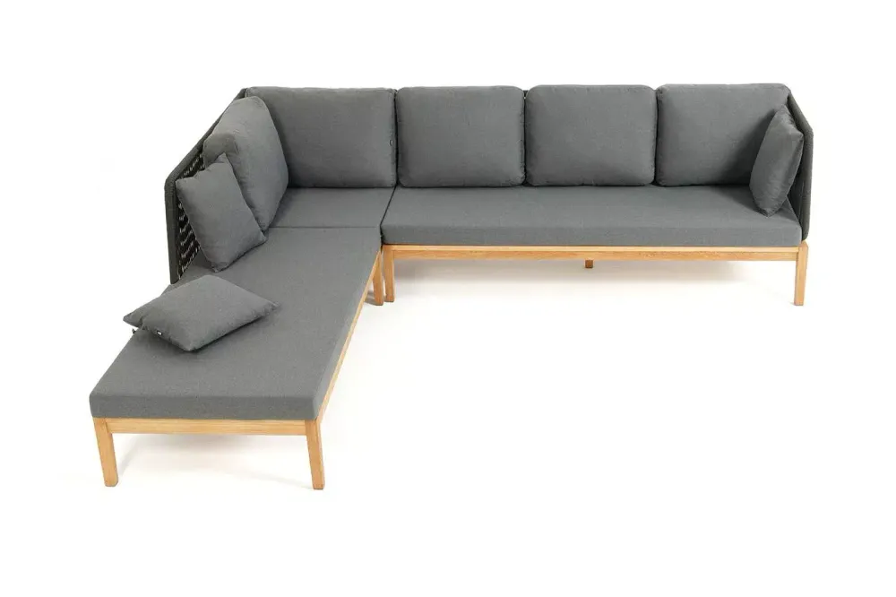 "Каталония" диван модульный плетеный из роупа, основание дуб, роуп темно-серый круглый, ткань темно-серая 027