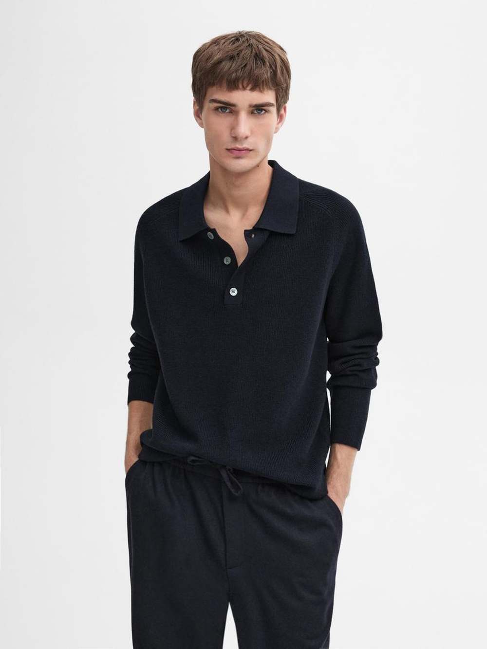 Massimo Dutti Вязаный свитер с воротником-поло, темно-синий