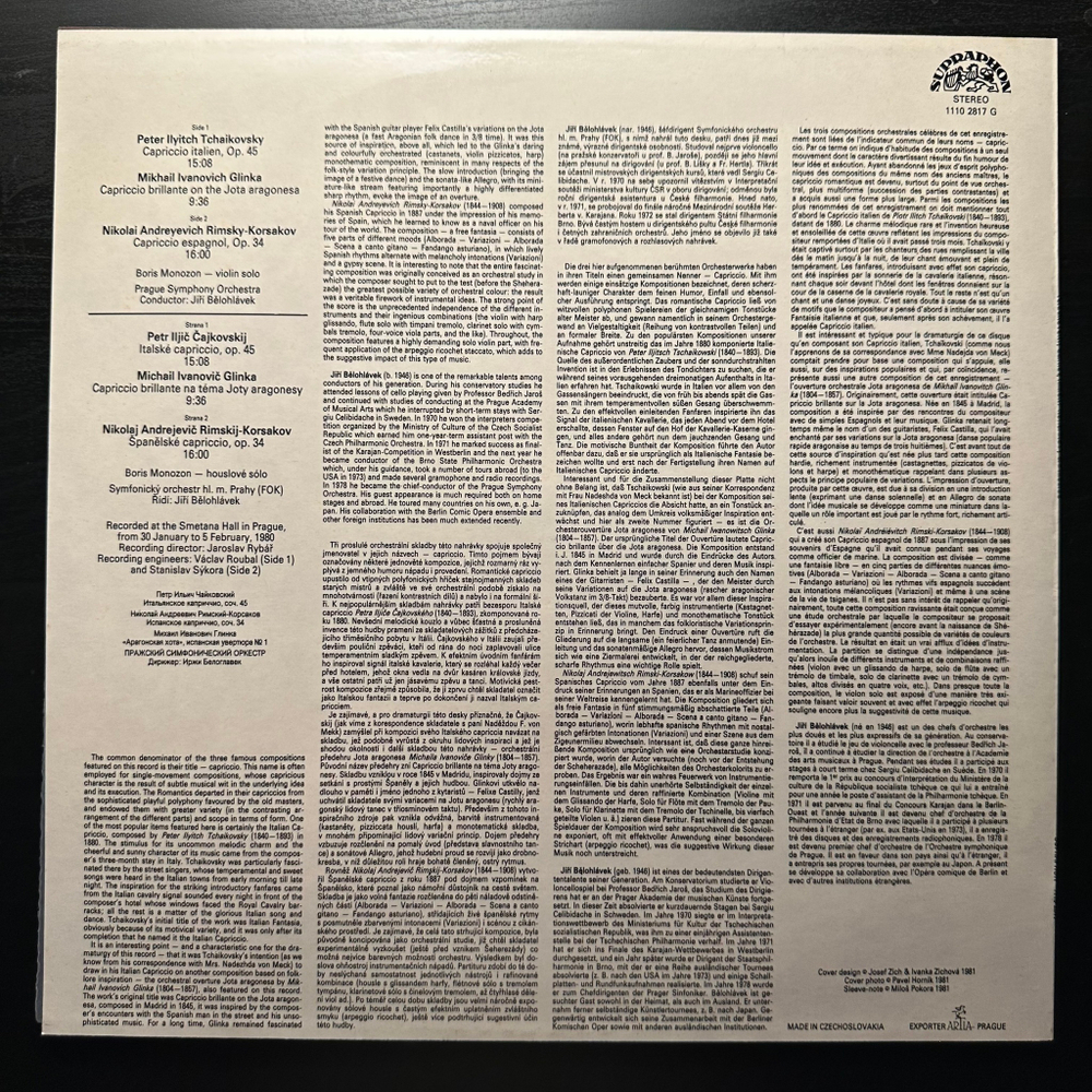 Чайковский - Итальянское каприччио, Римский-Корсаков - Испанское каприччио, Глинка - Сияние арагонской хоты (Чехословакия 1981г.)