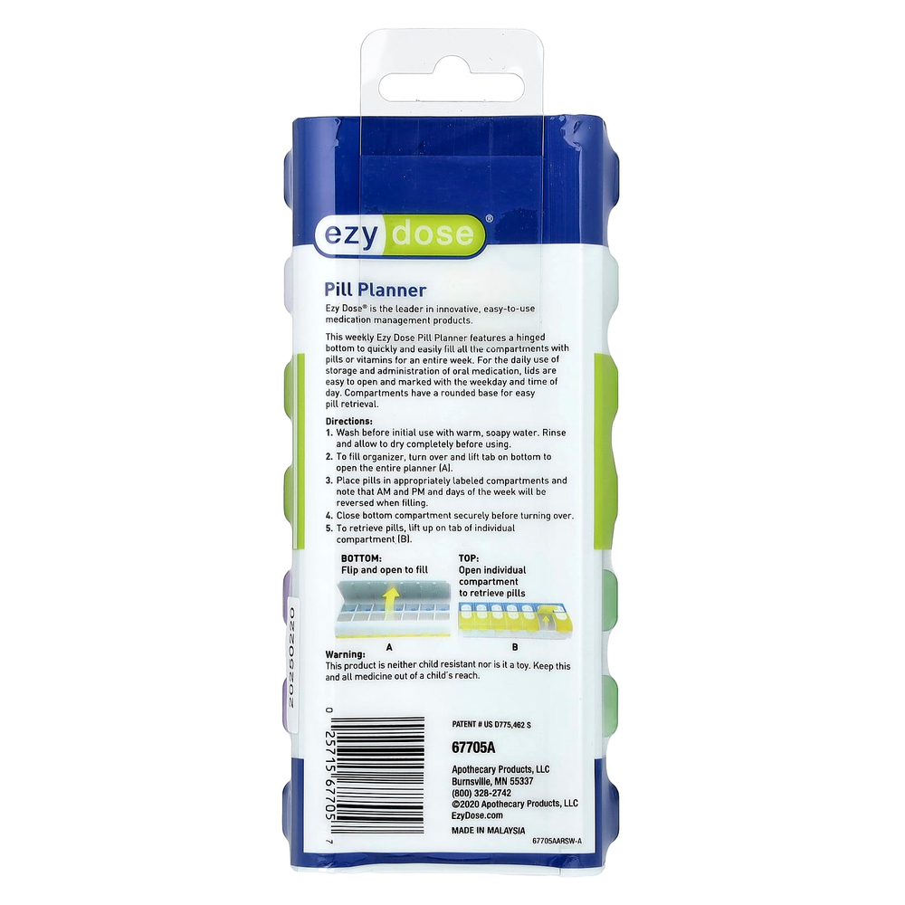 Ezy Dose, ежедневник для таблеток, на неделю утром/вечер, с Easy-Fill, 1 шт.