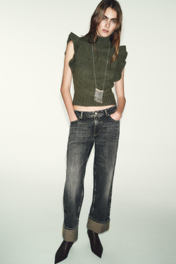 ZARA ЖИЛЕТ ИЗ ШЕРСТИ С ВОЛАНАМИ, ЗЕЛЕНЫЙ