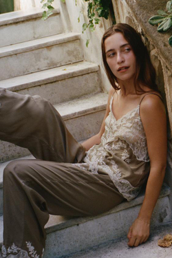 ZARA ТОП В БЕЛЬЕВОМ СТИЛЕ С КРУЖЕВОМ И БУСИНАМИ, ЗЕЛЕНОВАТЫЙ