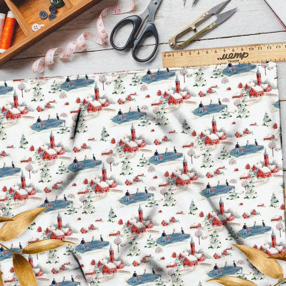 Ткань сатин зимняя деревушка