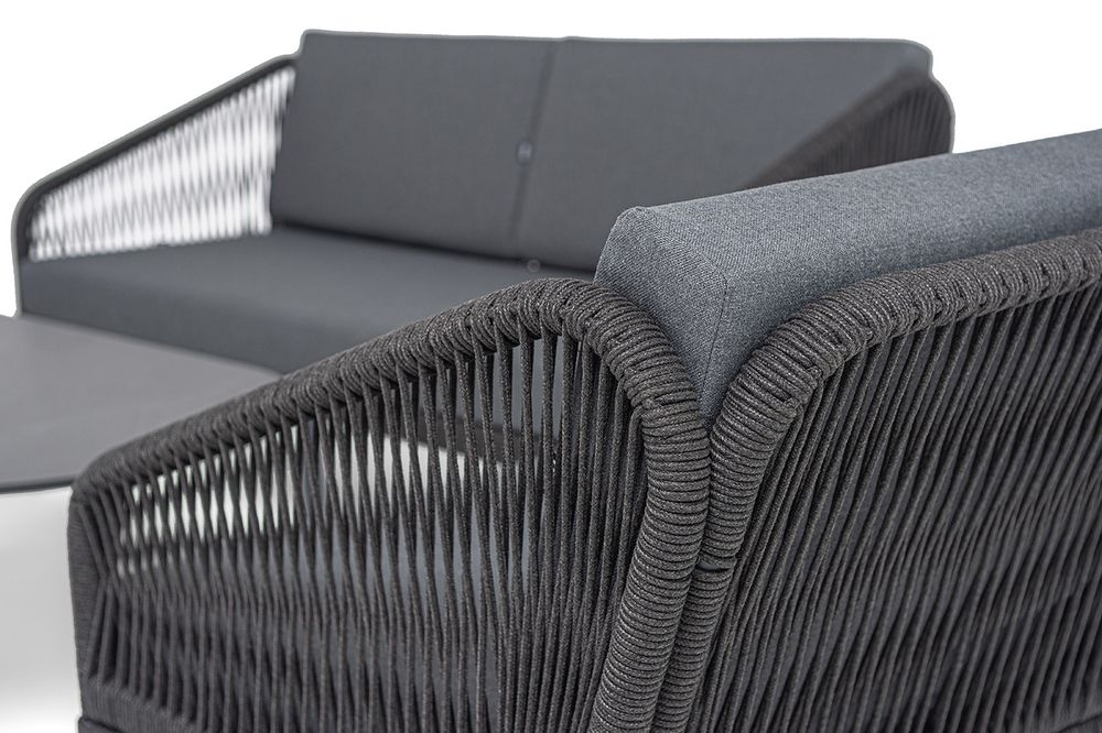 "Канны" лаунж-зона 4-местная (разборная) из роупа со столиком "Диего" цвета "серый гранит", роуп темно-серый круглый, ткань темно-серая