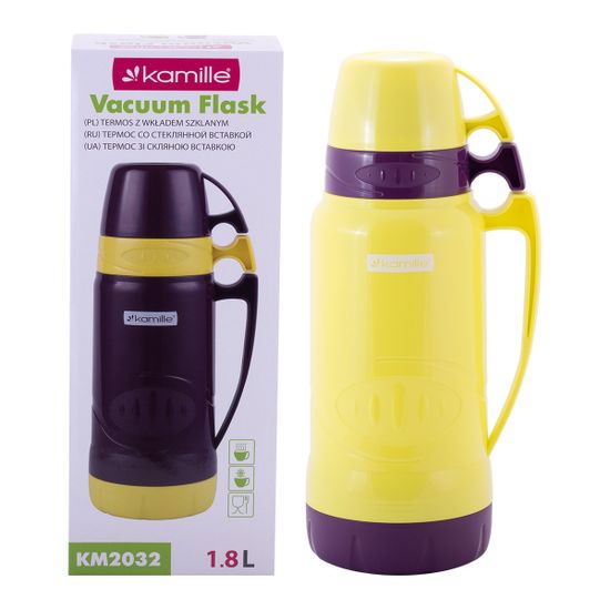 Термос 1,8 л. со стеклянной колбой Kamille KM 2032 пластиковый, 2 чашки