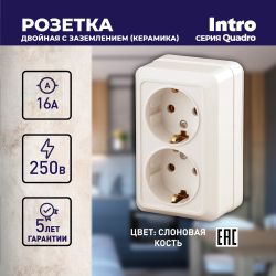 Розетка Intro Quadro 2-204-02 с заземлением двойная 2х2P+E Schuko, 16А-250В, IP20, ОУ, слоновая кость