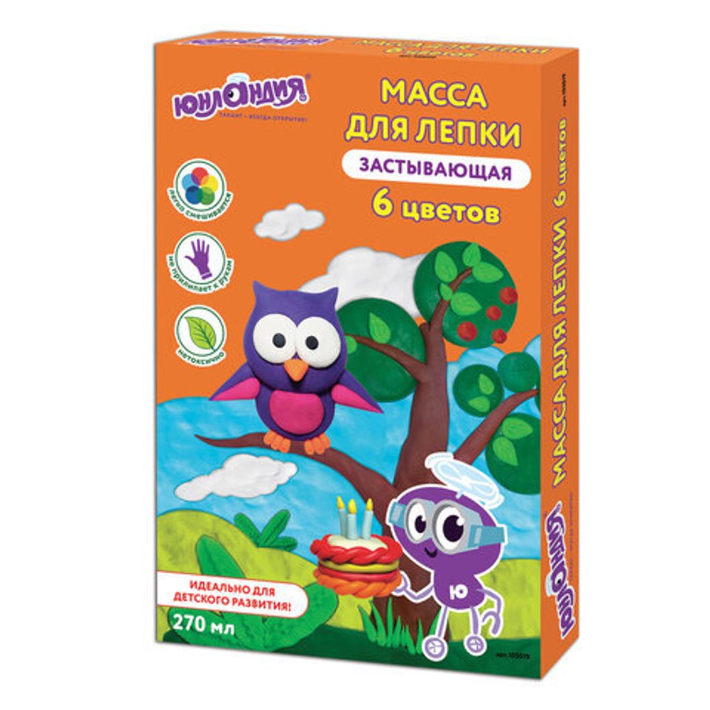 Масса для лепки лёгкая ЮНЛАНДИЯ "ЮНЛАНДИК В ГОСТЯХ У СОВЫ", 6 цветов по 45 мл, застывающая, 105019