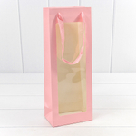 Пакет подарочный Под бутылку 13х24х8см с окошком (Розовый)
