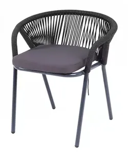 "Женева" стул плетеный из роупа, каркас алюминий темно-серый (RAL7024) муар, роуп темно-серый круглый, ткань темно-серая 019