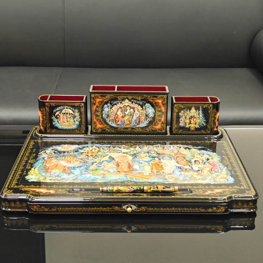 Настольный письменный набор с ручной росписью VIP в подарочном фуляре