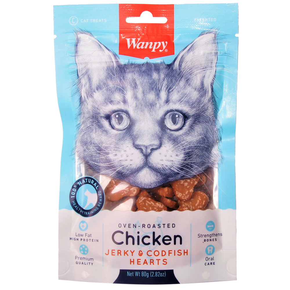 Wanpy Cat Лакомство для кошек «сердечки» из курицы с треской 80гр.