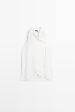 Massimo Dutti Топ из струящегося смесового льна с горловиной халтер, белый