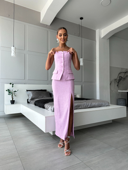 Комплект розовый из жилета-корсета и юбки-макси с разрезом изо льна