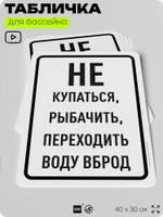 Табличка для бассейна "Не купаться, не рыбачить, не переходить воду вброд", на пляж, для общественной и частной зоны отдыха, информационная, 40х30 см, Silver Plane x Айдентика Технолоджи