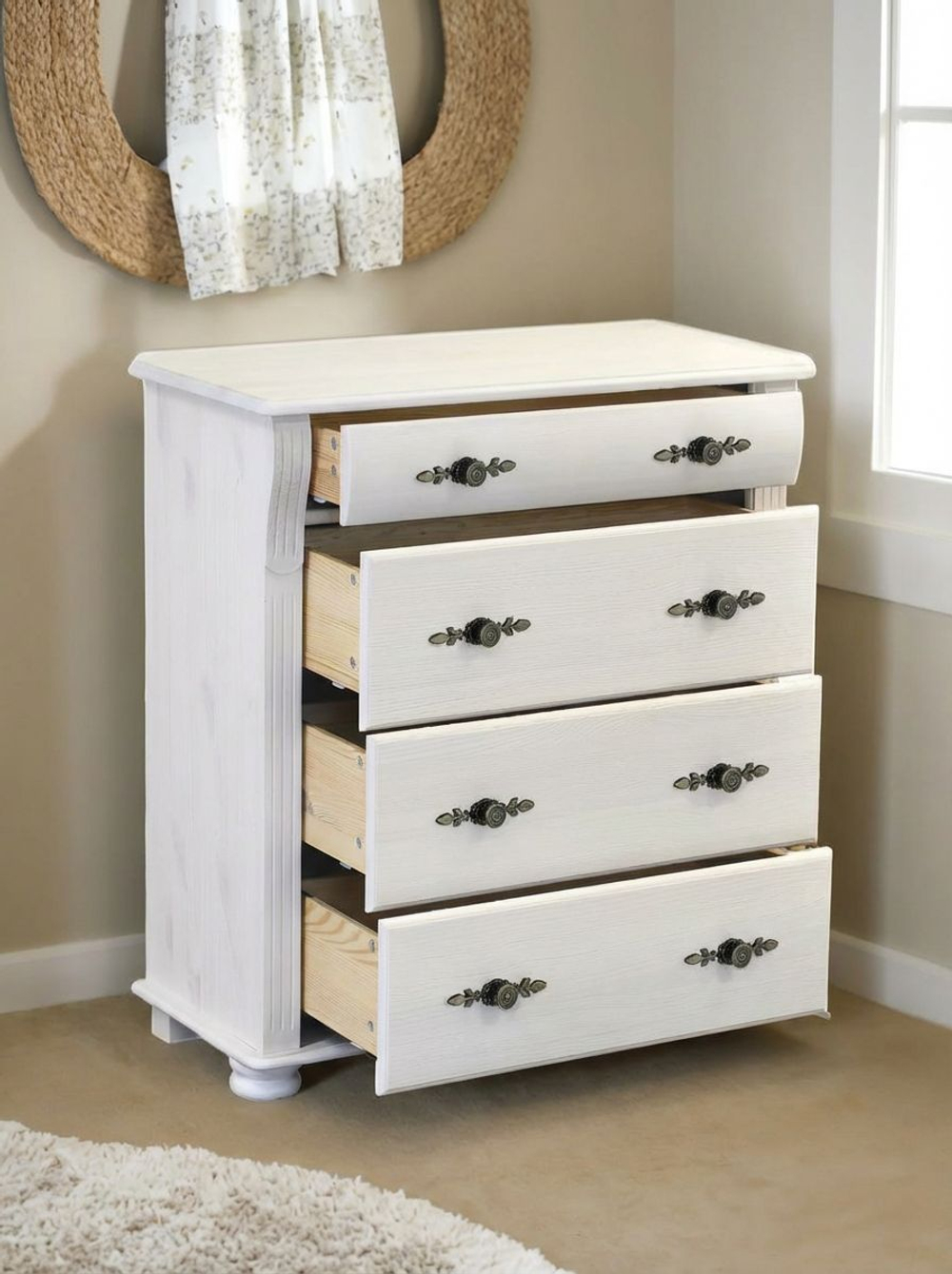 Комод, 91х42х85, Susanna, для одежды, с 4-мя ящиками, в спальню и гостиную, из массива дерева, белый, Dipriz