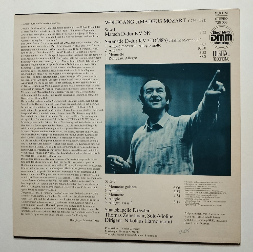 Винтажная виниловая пластинка LP Harnoncourt Dirigiert Mozart Моцарт, Staatskapelle Dresden Haffner Serenade KV 250 (ГДР 1986)