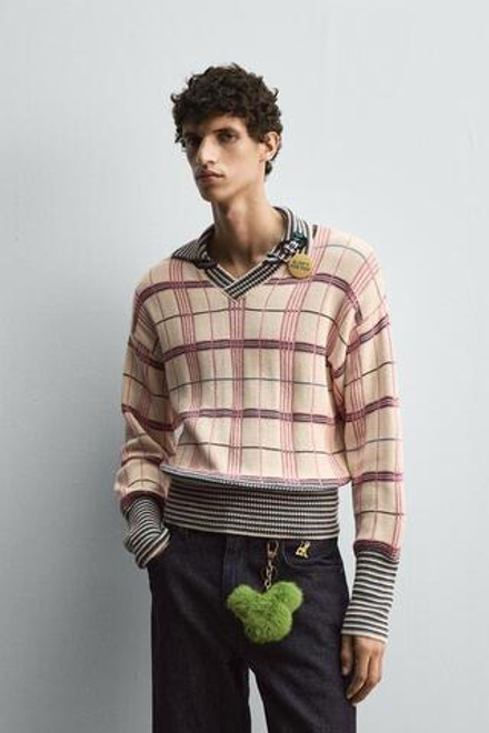 ZARA HARRY LAMBERT X DISNEY ЖАККАРДОВОЕ ТРИКОТАЖНОЕ ПОЛО В КЛЕТКУ, РОЗОВЫЙ