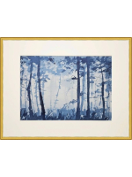 Картина авторская акварельная в паспарту 30х40 см на стену для интерьера "Лес цвета ИНДИГО"