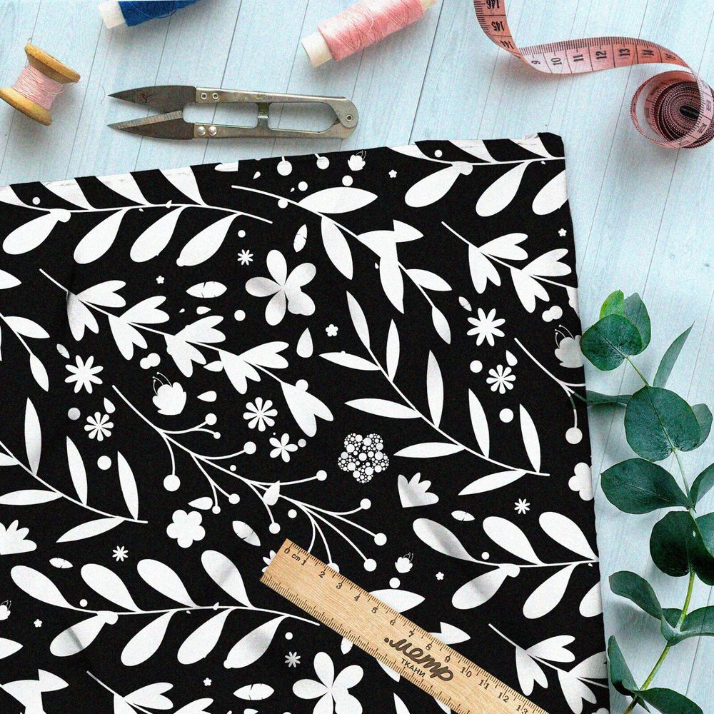 Ткань таффета белая трава на чёрном фоне