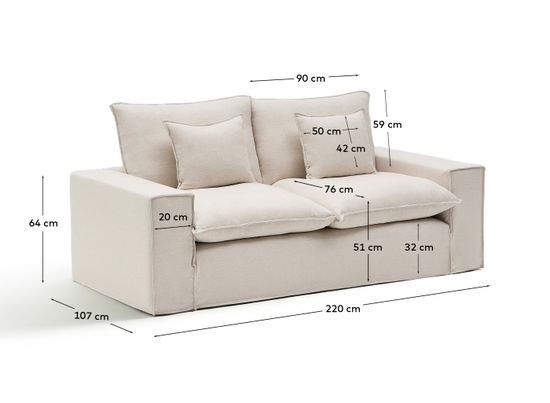 Двухместный диван Anarela из бежевого льна и вискозы со съемным чехлом, 220 см