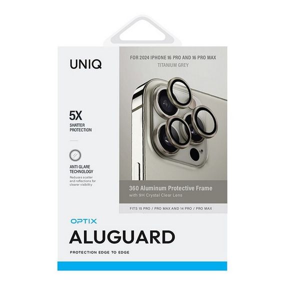 Защитное стекло для камеры Uniq OPTIX Camera Lens AluGuard для iPhone 16 Pro/16 Pro Max (IP6.3P-6.9P(2024)-ALENSTGRY) Titanium Grey
