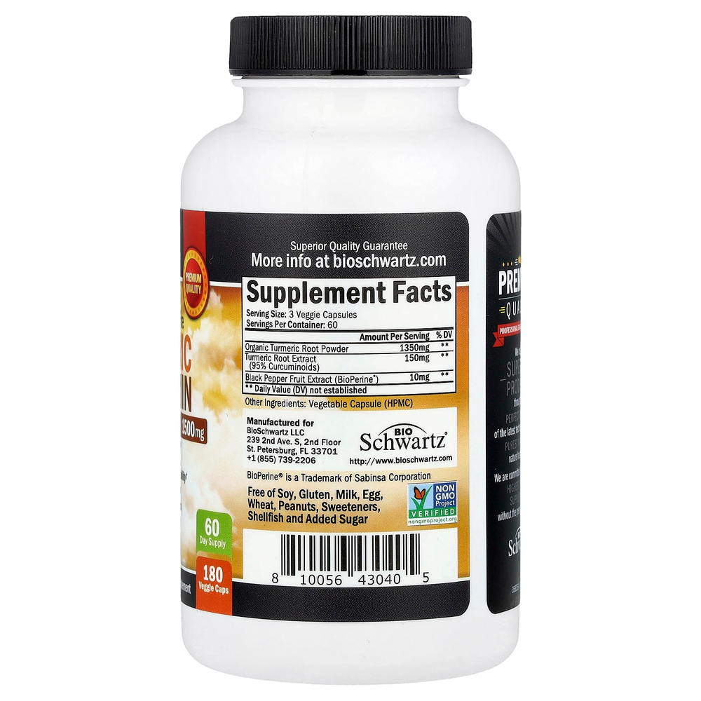 BioSchwartz, Ультрачистый премиальный продукт, куркумин из куркумы и Bioperine®, 180 растительных капсул