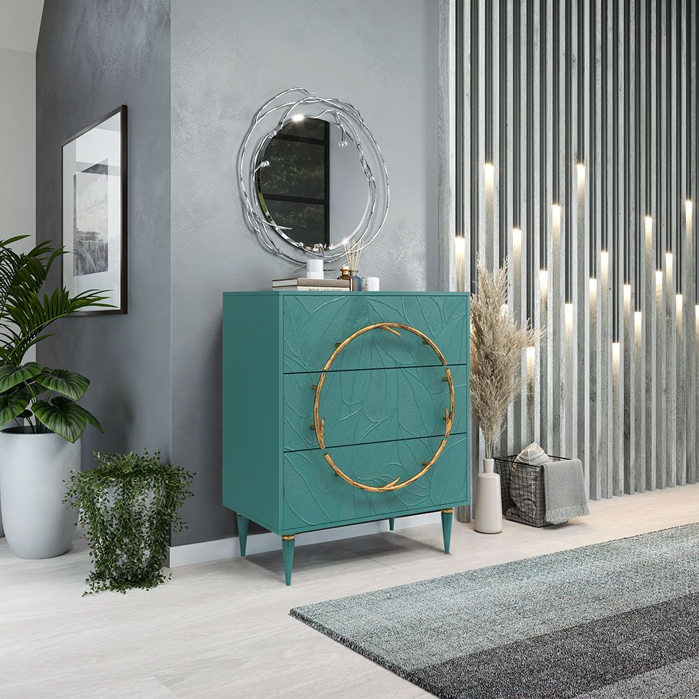 Комод Арт Колор leaves Классик Голд с 3 ящиками Пастельно-синий