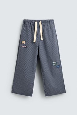 ZARA БРЮКИ RELAXED FIT В КЛЕТКУ С НАШИВКАМИ, МОРСКОЙ СИНИЙ