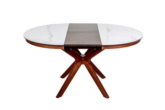 Комплект Стол VERONA 1100 CC с раздвижной круглой столешницей, керамика Snow White + 4 стула FANO-F с мягкой вставкой в деревянной спинке / Американский орех