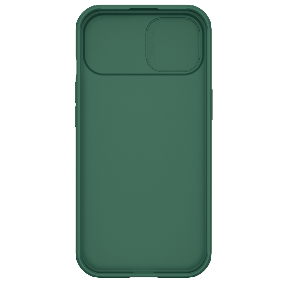 Чехол зеленого цвета (Deep Green) с защитной шторкой для камеры от Nillkin на iPhone 15, серия CamShield Pro Case