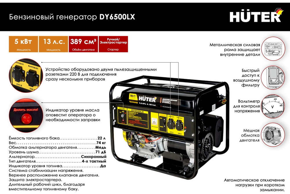 Электрогенератор Huter DY6500LX 64/1/7