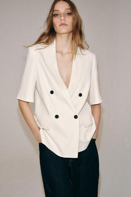 ZARA БЛЕЙЗЕР ИЗ ЛЬНА С КОРОТКИМИ РУКАВАМИ — ZW COLLECTION, ЭКРЮ