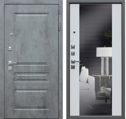 Входная металлическая дверь с зеркалом АСД Лира Бетон темный / Белый матовый