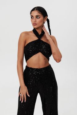Топ из пайеток с узлом черного цвета
