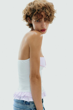 ZARA КОМБИНИРОВАННЫЙ ТОП БЕЗ БРЕТЕЛЕЙ, БЕЛЫЙ