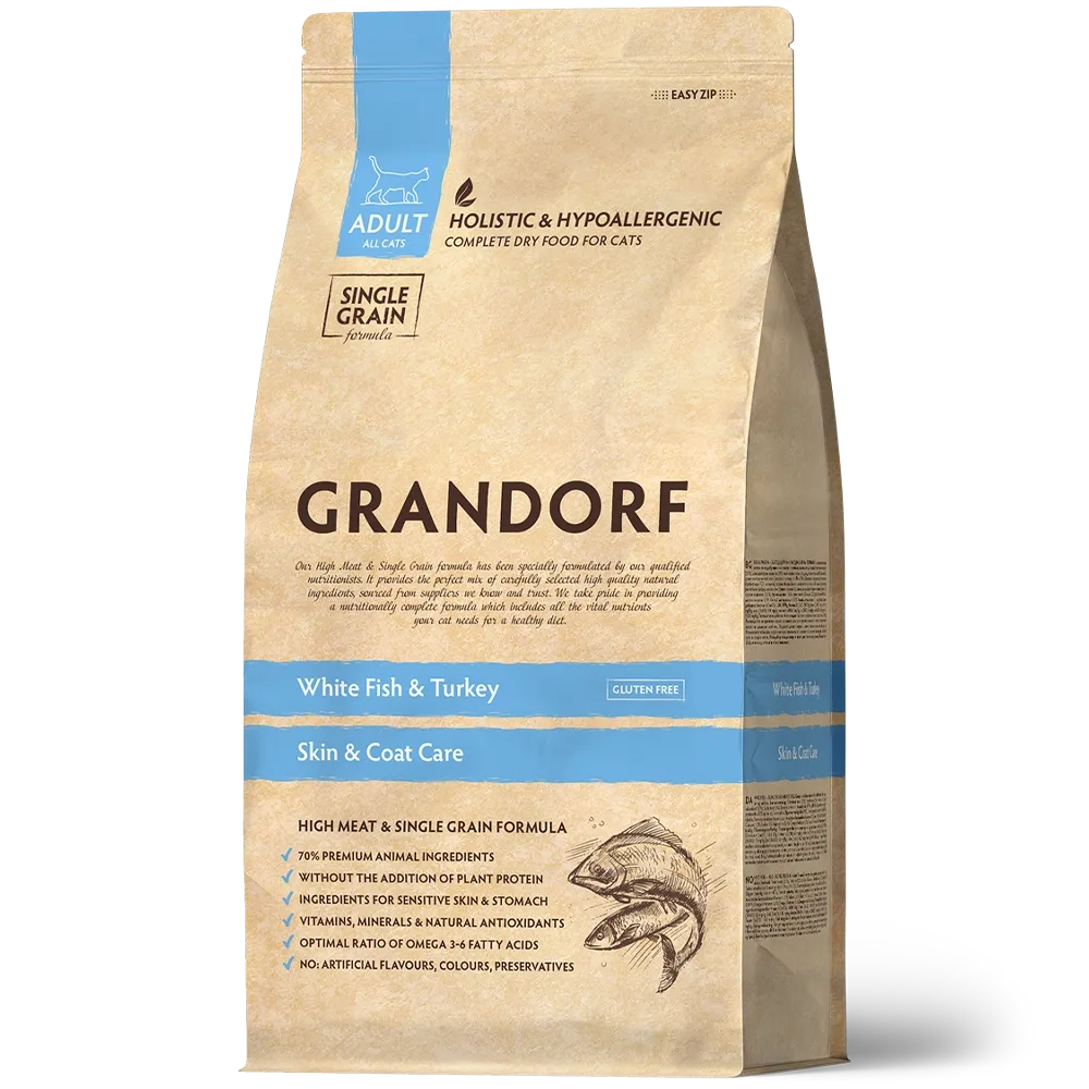 Grandorf White Fish & Turkey, Skin & Coat Care для взрослых кошек с чувствительной кожей и шерстью (Белая рыба с индейкой)
