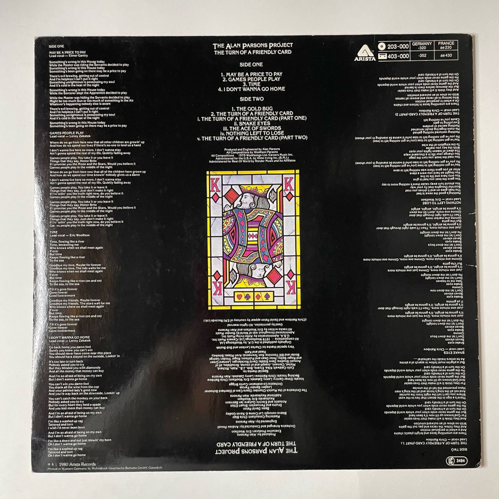 Винтажная виниловая пластинка LP The Alan Parsons Project The Turn Of A Friendly Card (Germany 1981) The Gold Bug