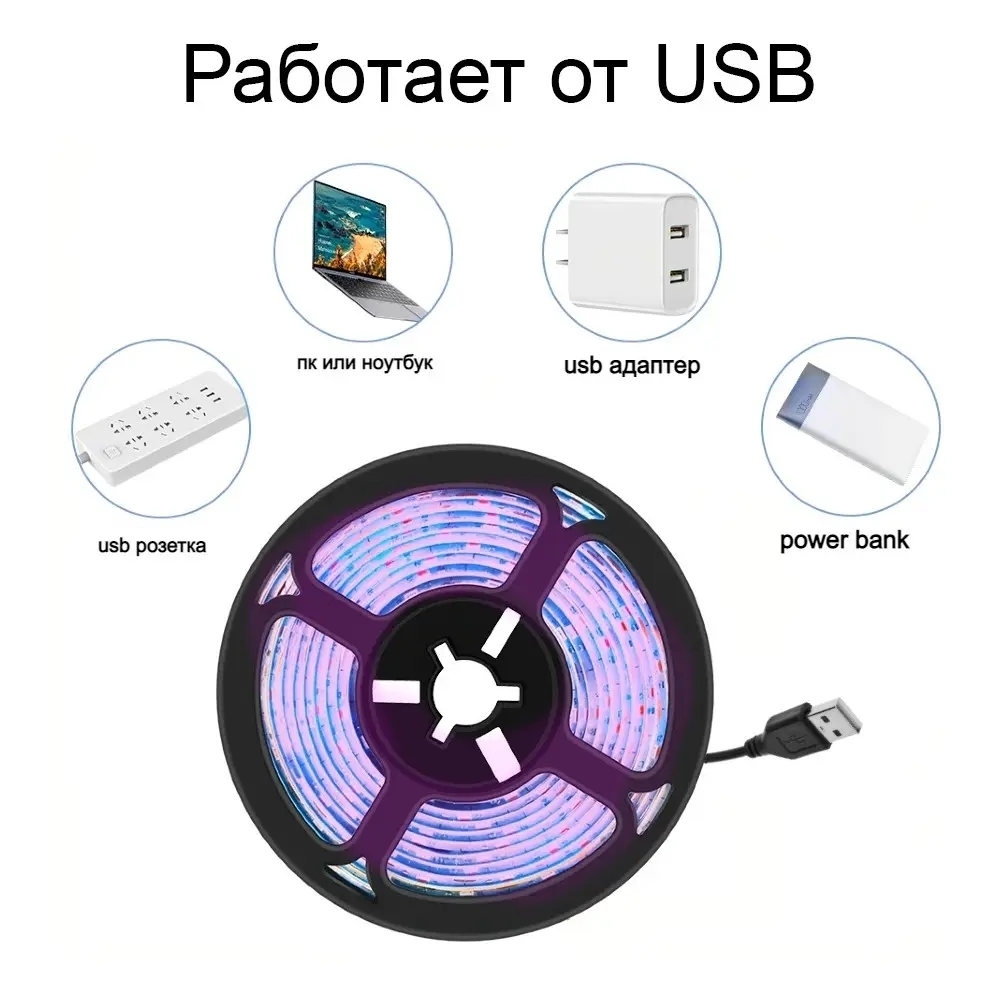 Фитолента светодиодная для выращивания растений, лента с USB, 1м/ 2м/ 3м/ 4м/ 5м