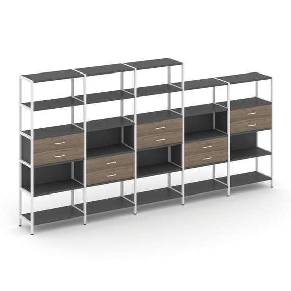 Shelf System Пятисекционный стеллаж пятиярусный с ящиками SN.STM-551 Антрацит/Вяз Благородный/Металл