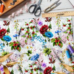 Ткань штапель сочные контрастные цветы на бежевом фоне