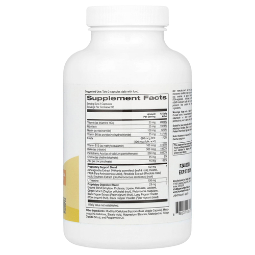 Super Nutrition, добавка для борьбы со стрессом с L-теанином, ашвагандой, растительной смесью и ферментами, 180 вегетарианских капсул