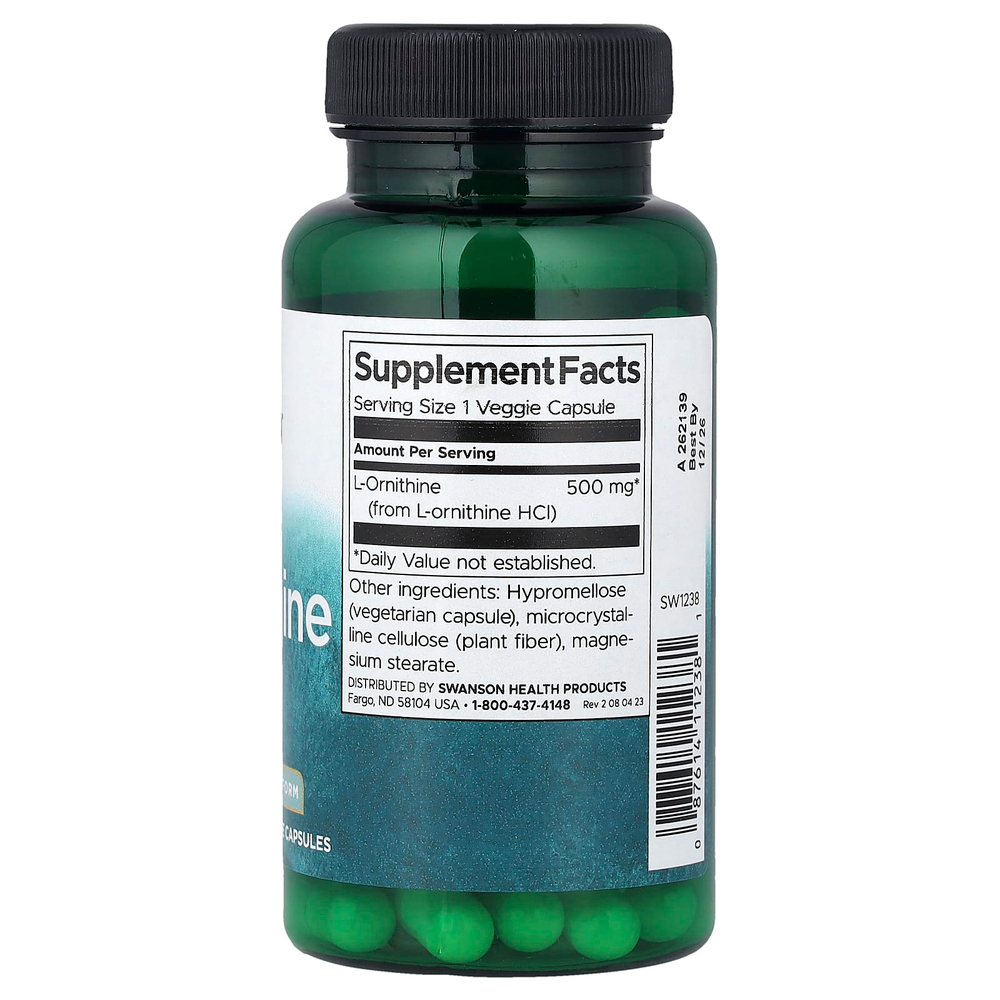 Swanson, L-орнитин в свободной форме, 500 мг, 60 растительных капсул