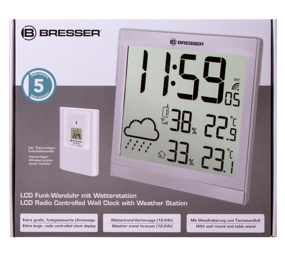 Метеостанция (настенные часы) Bresser TemeoTrend JC LCD с радиоуправлением, серебристая
