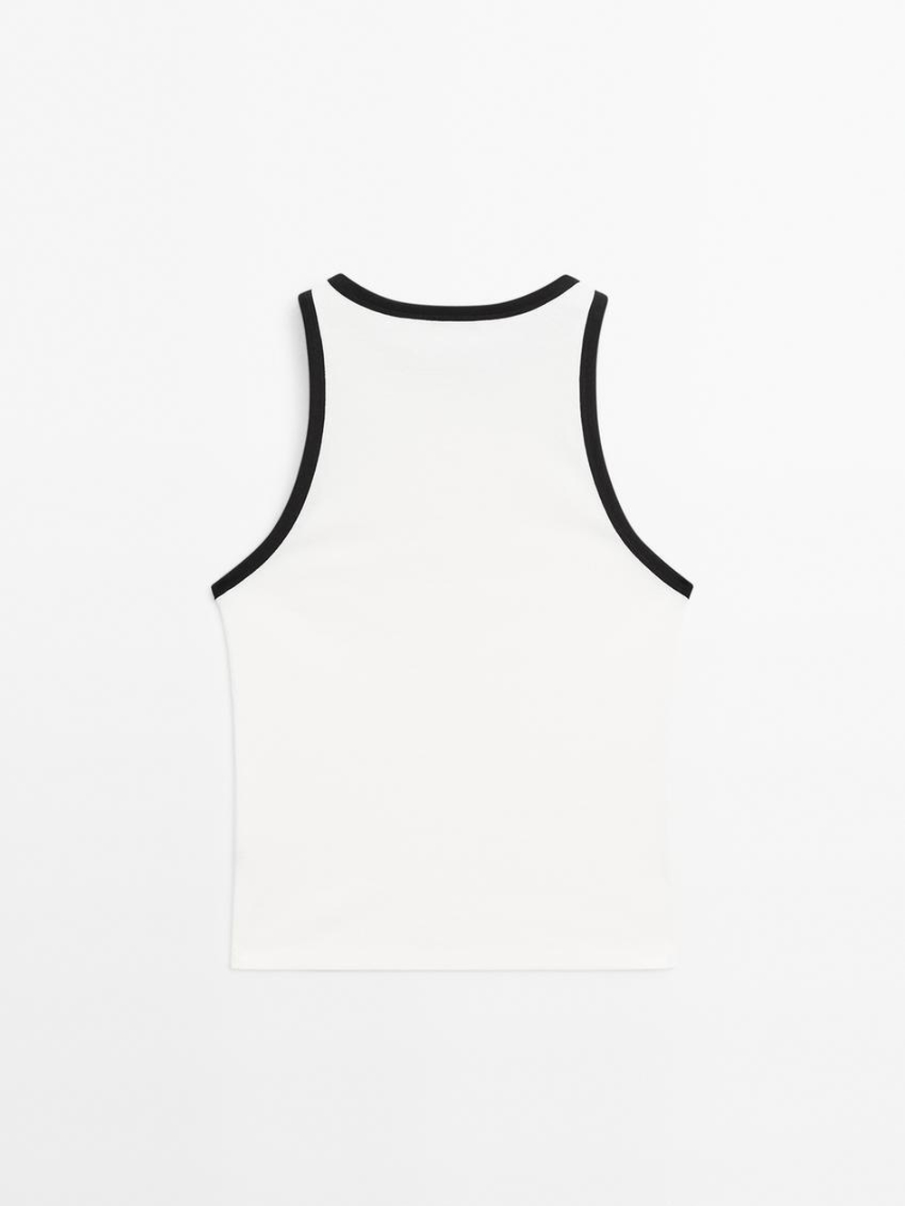 Massimo Dutti Топ из 100% хлопка с горловиной халтер и контрастной отделкой, натуральный, кремовый