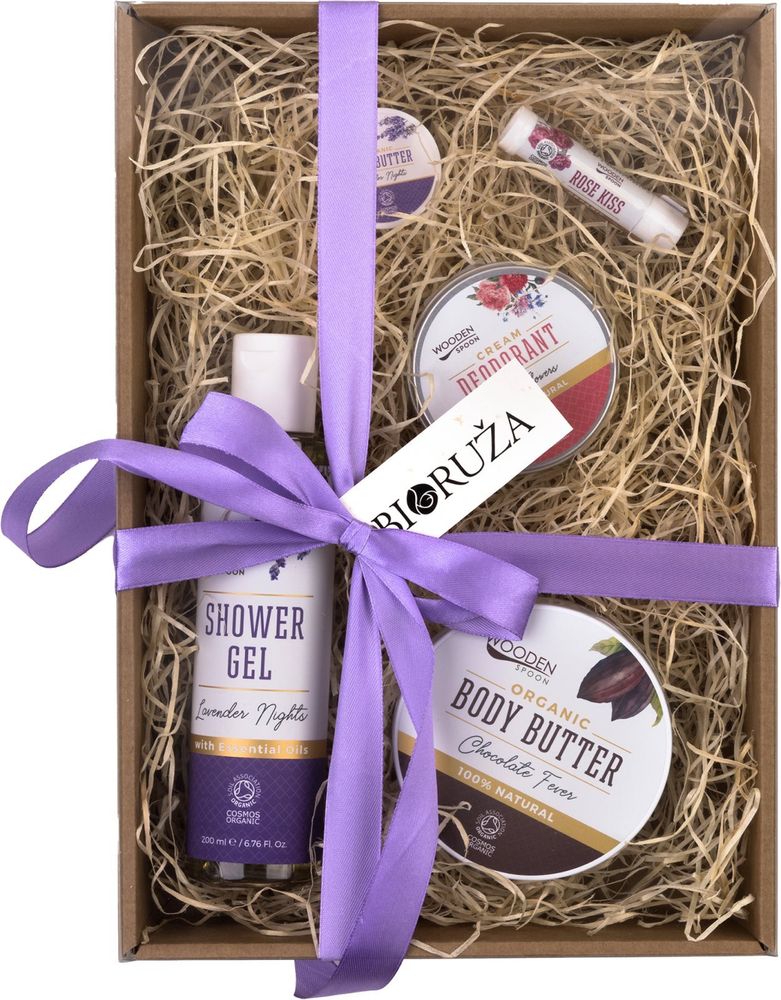 WoodenSpoon Lavender Nights shower gel 200 ml + Chocolate Fever body butter 100 ml + Wild Flowers cream deodorant 60 ml + Lavender Nights body butter 15 ml + Rose Kiss Lip balm 4.3 ml Organic