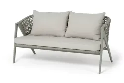 "Амстердам" диван 2-местный плетеный из роупа, каркас алюминий, роуп серый круглый, ткань бежевая