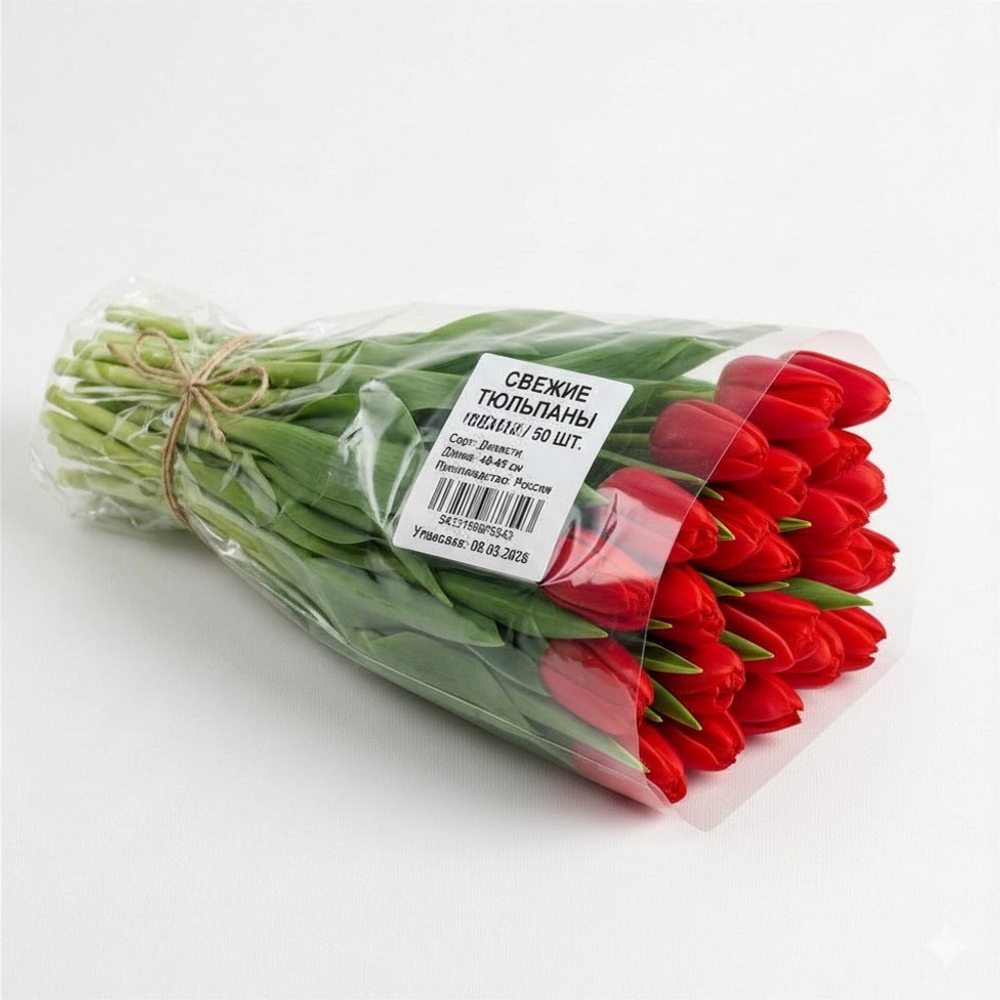 50 тюльпанов в пачке от производителя, красные