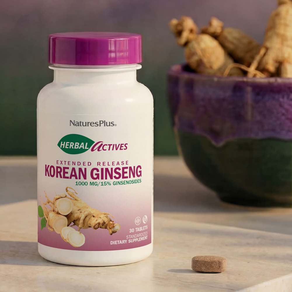 NaturesPlus, Herbal Actives, корейский женьшень, пролонгированное высвобождение, 1000 мг, 30 таблеток