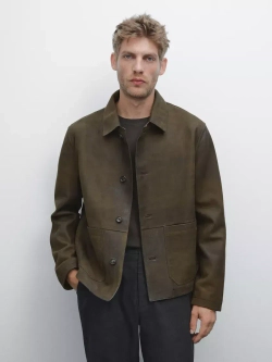 Massimo Dutti Куртка из 100% овечьей кожи с эффектом потертости, зеленый